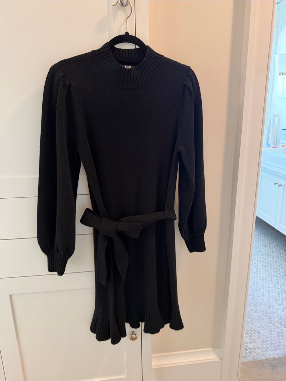 PAIGE Black Knit Belted Long-Sleeve Dress